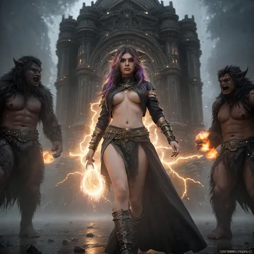 Prompt: Splash art, swirling magical lights, exploding debris, dense fog, create an intricately detailed, full body, ultra realistic, 3D Rendered image focused on an enticing, alluring, highly detailed, slender ((random hair color)), hyper detailed realistic skin, super exotic young adult magical human sorceress. {{surrounded by angry orcs.}}, casting magic lightning bolts} in an ultimate epic depiction of battling orcs, in a dystopian city destroyed by, 64k resolution, ultra photo realistic, highly exotic, ultimate fantasy, digital concept art, perfect cinematic lighting, perfect shading.