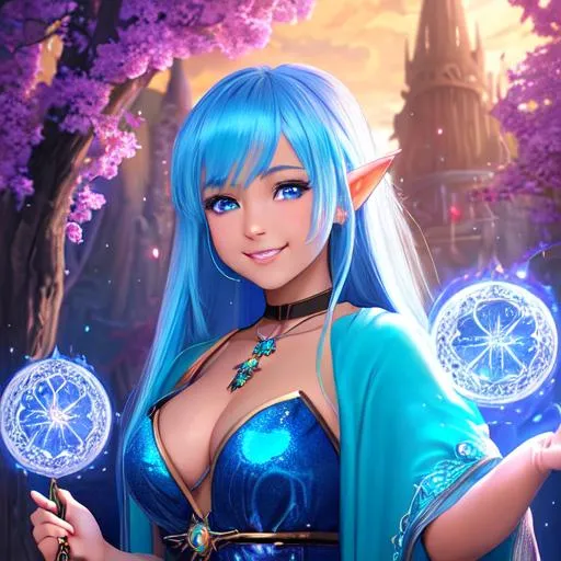 Prompt: oil painting, fantasy, Pixie girl, tanned-skinned-female, beautiful, bright blue hair, straight hair, rosy cheeks, smiling, looking at the viewer, Elemental sorceress wearing intricate robes casting a spell, #3238, UHD, hd , 8k eyes, detailed face, big anime dreamy eyes, 8k eyes, intricate details, insanely detailed, masterpiece, cinematic lighting, 8k, complementary colors, golden ratio, octane render, volumetric lighting, unreal 5, artwork, concept art, cover, top model, light on hair colorful glamourous hyperdetailed medieval city background, intricate hyperdetailed breathtaking colorful glamorous scenic view landscape, ultra-fine details, hyper-focused, deep colors, dramatic lighting, ambient lighting god rays, flowers, garden | by sakimi chan, artgerm, wlop, pixiv, tumblr, instagram, deviantart