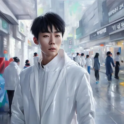 Prompt: Korean man with white futuristic clothes hiper-realistic oil paint                           