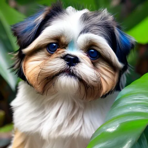 Prompt: shihtzu dog with blue eyes in a tropical forest