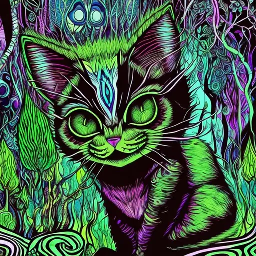 Prompt: A drawn psychedelic Hypnotic looking kitten staring at the camera with a psychedelic looking forest behind it. Alice in Wonderland Cheshire cat smile.