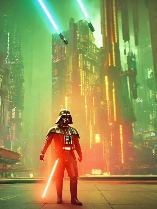 Prompt: still of darth vader in the streets of cyberpunk 2077 facing the camera holding a lightsaber, volumetric lighting, neon lights, bokeh, octane render, cinematic overlay, style by denis villeneuve