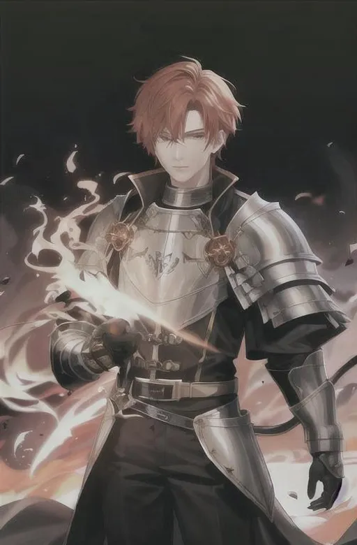 Prompt: portrait of a male knight pyromancer with ginger hair. fire, hellish, demon armor, demon armor, fire, fire ball, fireball, jumping, moving, fighting
