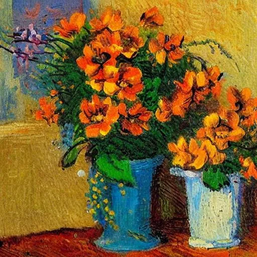 Prompt: Flower pot on table oil, impressionism, picasso