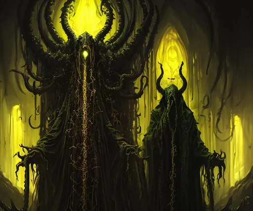 Prompt: demonic king in yellow. tentacles as feed. concept art. wlop. ross draws. dark mood. horrific art.
