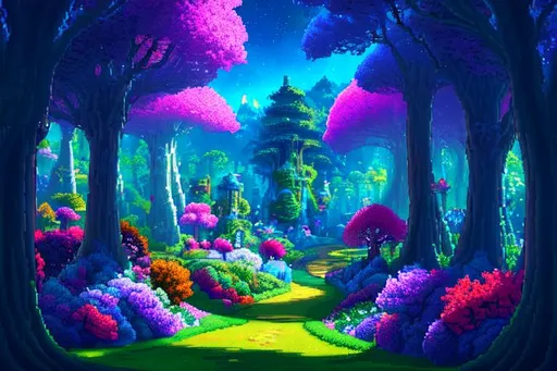 Prompt: In this pixel art depiction, Wonderland is a realm of pure wonder and beauty. Its landscape is filled with beautiful forests full of vibrant colors and incredible scenes, and its skies are filled with spectacular displays of light and color. This truly is a realm of infinite possibilities and adventure, and one that calls to the soul and mind of all who witness it. It is a truly mystical and incredible place that leaves one in awe and wonder. Wonderland is a place that inspires the soul and fuels the mind with endless possibilities. It is truly magical and breathtaking. The pixel art depiction of this wonderland is truly an incredible and breathtaking depiction of a whimsical and enchanting paradise.