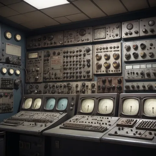 Prompt: Back wall control room showing 1950s tech

