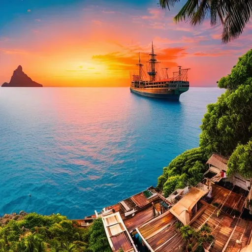 Prompt: A ship on the sea near green island with have many house in the sunset sky