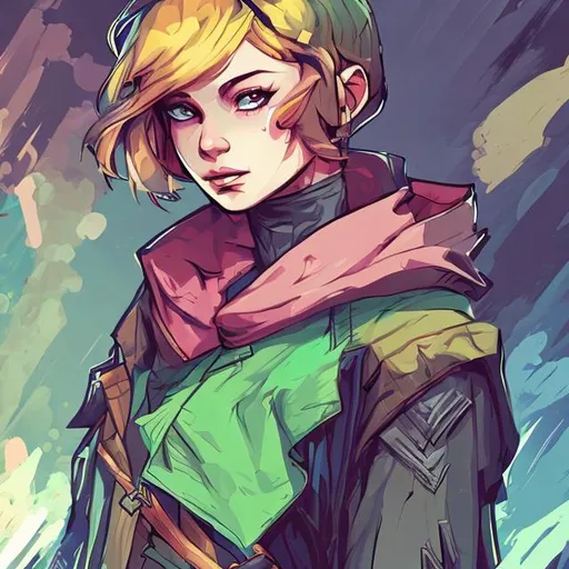 Prompt: Comic book illustration, Colorful clothes, Girl, assassin, colors, short blond hair, green eyes, modest clothing