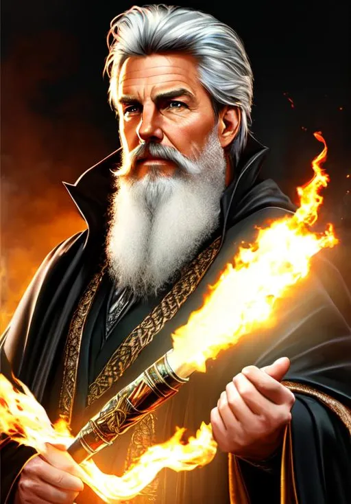 Prompt: UHD, , 8k, high quality, poster art, (( Aleksi Briclot art style)), Tom Cruise, hyper realism, Very detailed, full body, muscular, view of an older man, cape, beard, wizard, smoking a pipe, white hair, green eyes, black wizard robes,  mythical, ultra high resolution, light and shading in 8k, ultra defined. 