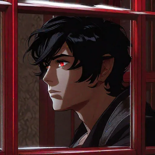 Prompt: Damien (male, short black hair, red eyes) staring out the window, with a look of adoration on his face