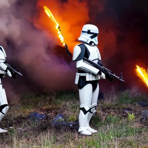 Prompt: Clone trooper Shooting someone with fire around them, 4k And highquality.
