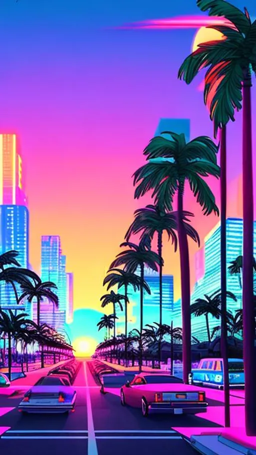 Prompt: vaporwave city, neon lighting, beautiful sunset, palm trees. Retro 