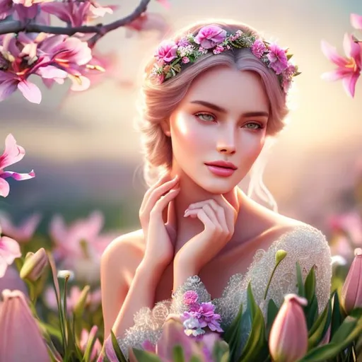 Prompt: HD 4k 3D 8k professional modeling photo hyper realistic beautiful woman ethereal greek goddess of modesty
soft pink hair green eyes gorgeous face fair skin flower crown shimmering dress with flowers modest jewelry full body surrounded by magical glowing pure light hd landscape background spring meadow with doves and lilies