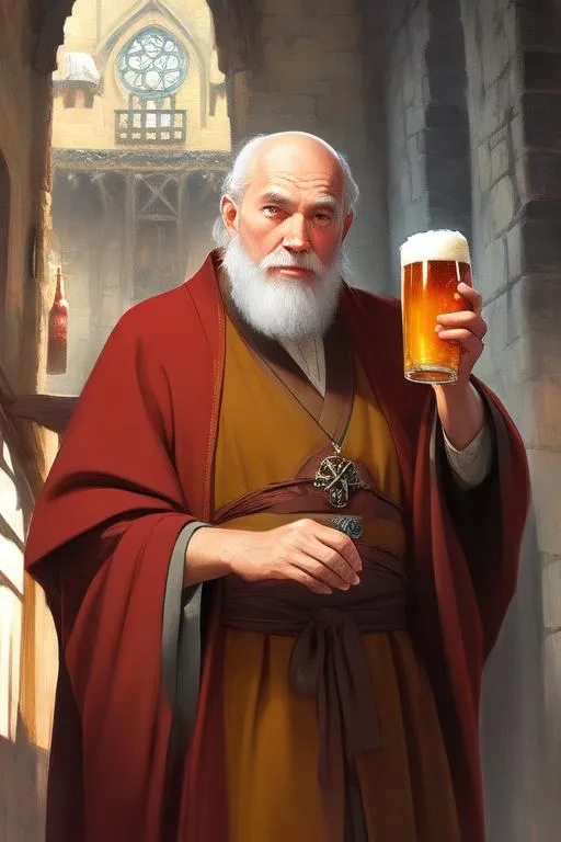 Prompt: {Old john malkovich}, monk robes, drunk face, drinking beer, hypermaximalist, hyper realistic, anime, dramatic, digital painting, artstation, smooth, sharp focus, costal medieval village, full body shot, high resolution, castle tavern, frank frazetta style art 