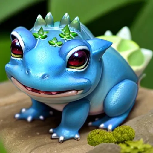 Prompt: HD, High Quality, 5K, Anime, Bulbasaur, small blue-green quadrupedal amphibian, green plant bulb on back,  blue skin with darker patches, It has red eyes with white pupils, pointed, ear-like structures on top of its head, and a short, blunt snout with a wide mouth, A pair of small, pointed teeth are visible in the upper jaw when its mouth is open, Each of its thick legs ends with three sharp claws, On Bulbasaur's back is a bright green circular plant bulb that conceals two slender, tentacle-like vines, which is grown from a seed planted there at birth, The bulb also provides it with energy through photosynthesis as well as from the nutrient-rich seeds contained within, forest, Pokémon by Frank Frazetta