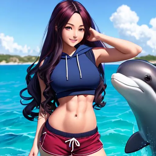 Prompt: extremely realistic, hyperdetailed, extremely long dark blue wavy hair anime girl, deep red blush, smiling happily, wears cropped hoodie, wears dolphins shorts, toned body, showing abs midriff, highly detailed face, highly detailed eyes, full body, whole body visible, full character visible, soft lighting, high definition, ultra realistic, 2D drawing, 8K, digital art