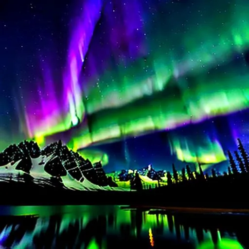 Prompt: Alaskan mountains mid spring
(Lots of wildlife) stary night sky, Northern lights