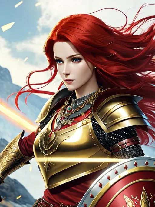 female, red hair flowing in wind, necklace with glow...