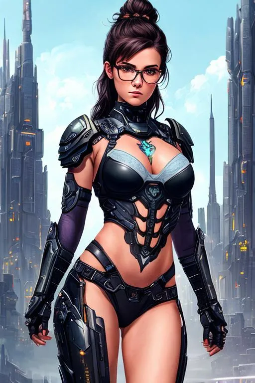Prompt: sticker of ultra detailed full length photorealistic of Brianna Hildebrand wearing (black lace mech armor) glasses, high quality cell shaded illustration of a beautiful utopian futuristic city by gal barkin,  ((full body)), dynamic pose, perfect anatomy, tattoos centered, freedom, soul, black long hair, approach to perfection, cell shading, 4k , cinematic dramatic atmosphere, watercolor painting, global illumination, detailed and intricate environment, artstation, concept art, fluid and sharp focus, volumetric lighting, cinematic lighting, Art by Yoji Shinkawa and WLOP and luis royo and Artgerm and Greg Rutkowski and Alphonse Mucha, (((masterpiece style)), unreal engine 5