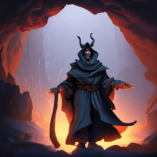 Prompt: An animation of a sorcerer in a dark scary cave