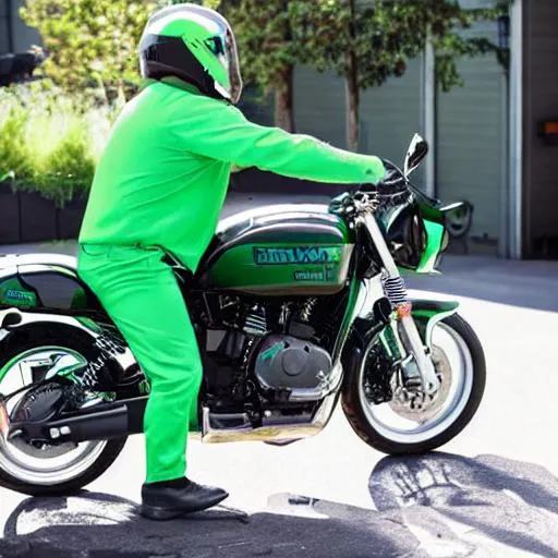 Prompt: delivery man with green uniform on a motorcycle