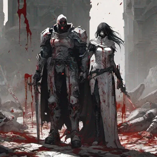 Prompt: a crusader emanating dark aura standing back to back with his wife in a bloodied world.