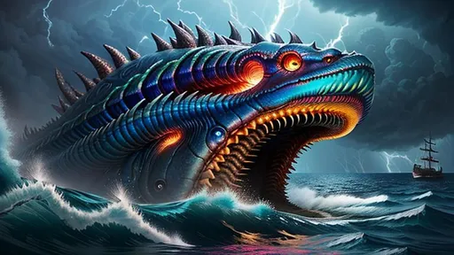 Prompt: Insanely Detailed Giant Sea Creature Monster, Rising from the Ocean, bokeh, Greg Rutkowski, WLOP, dynamic lighting, Eldritch, Neuron Storm, Deep Colors, Thunderstorm, Tornadic, H.R. Giger, Matt Frank, cool colors, precisionism, Intricate Details, Photorealism, ethereal, iridescent, heat wave