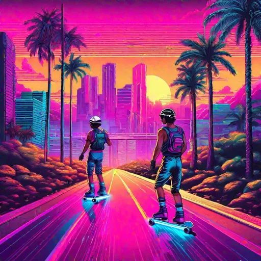 Prompt: retro 80s art, ((2 men rollerblading)) down a highway with palm trees on the side of the road, retro art, synthwave, city view in the background, highly detailed
