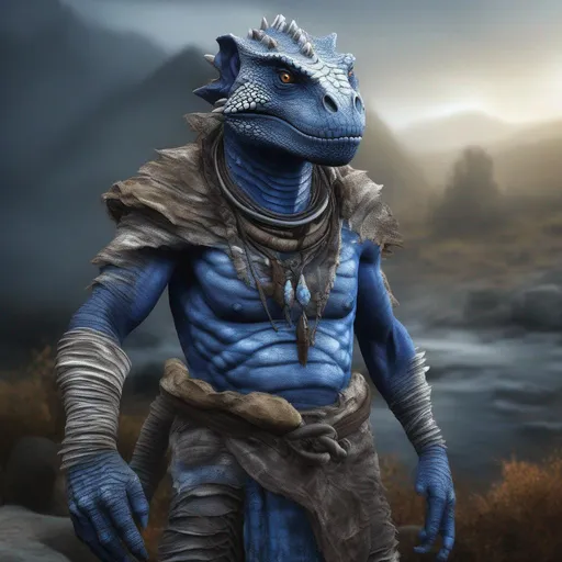 Prompt: perrealistic mixed media image of argonian blue elder scrolls, wearing shamanic primitive clothing, with rustic camouflage details, Hyperrealistic, sharp focus, Professional, UHD, HDR, 8K, Render, electronic, dramatic, vivid, pressure, stress, nervous vibe, loud, tension, traumatic, dark, cataclysmic, violent, fighting, Epic