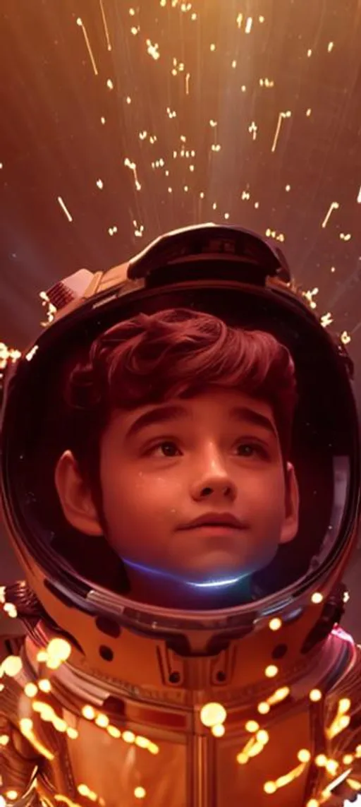 Prompt:  Boy riding on a galaxy in space with 12 sparks of light around him