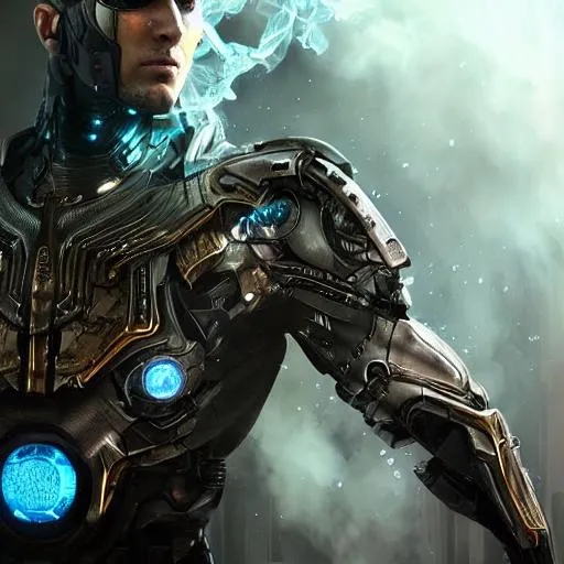 Prompt: Full-body organic cyborg very attractive, male face, human facial skin, machine texture body, very handsome, frontal shot, very detailed eyes, water and smoke sculpture, diffuse lighting, fantasy, intricate, elegant, highly detailed, lifelike, photorealistic, digital painting, artstation, illustration, concept art, smooth, sharp focus, art by john collier and albert aublet and krenz cushart and artem demura and alphonse mucha