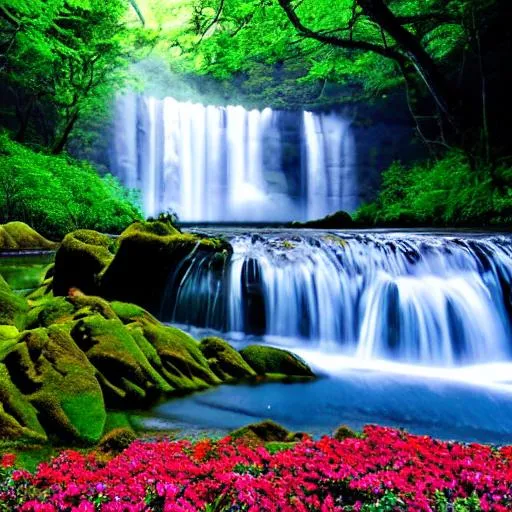 Prompt: beautiful, huge waterfall, trees, mountains, leaves, flower trees, flowers