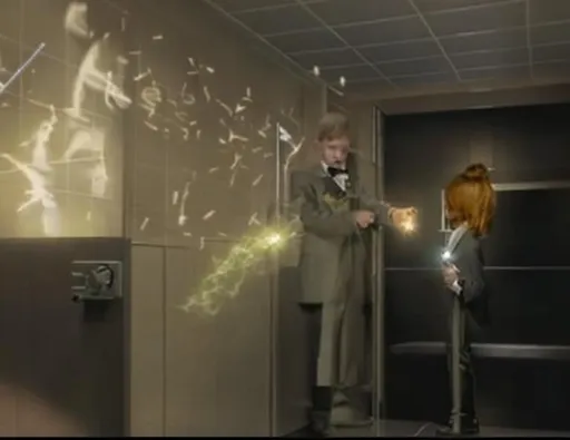 Prompt: 13 year old boy in a tuxedo uses his magic wand to cast a magic spell on a person inside a restroom stall 