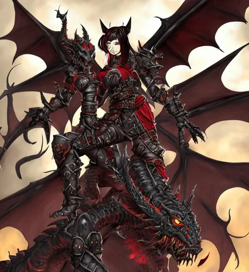 Prompt:  Catgirl Wearing red and black steampunk/world of Warcraft armor riding a metallic black dragon wearing the same style armor 