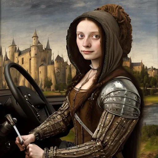 Prompt: Medieval young lady driving a sportscar, dressed in brocate, oil painting, 16th century, realistic, portrait, in the style of Da Vinci
