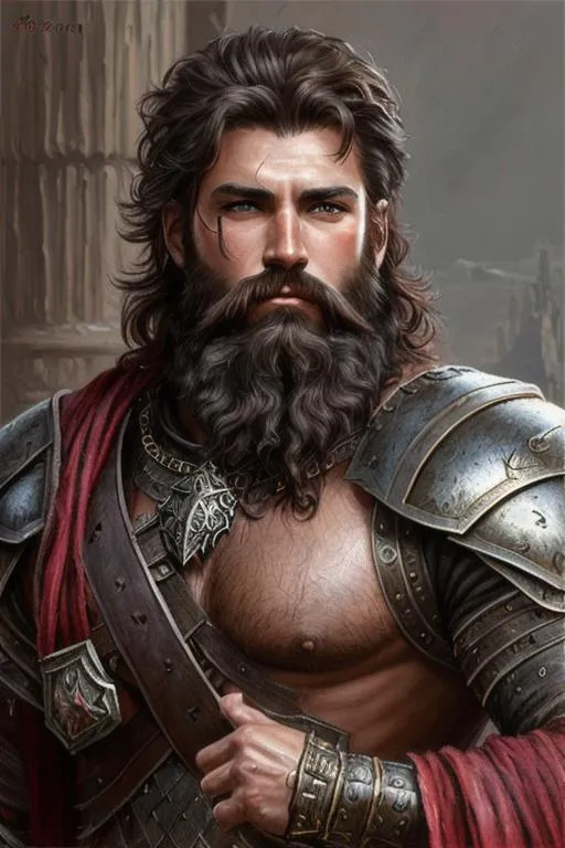 Prompt: oil painting, male warrior fantasy character, rugged looking, strong musculature, very hairy, short black hair and short black beard, armor, crimson clothing. 