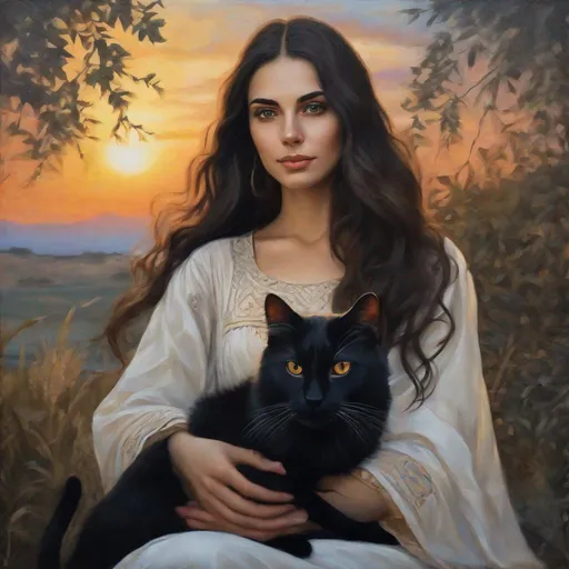 Prompt: white fair  brunette Woman ,with long dark hair, wearing libyan dress sitting in nature, with a black cat ,sunset
8k, highly detailed ,8k ,high quality magical artistic oil painting 