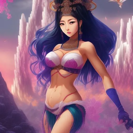 Prompt: Create a playful and whimsical image of a gorgeous, stunning, Japanese goddess towering at 300 ft tall with braided black hair, an athletic and stunning body, and large chested in an  with exaggerated features and bright colors to emphasize the cartoonish nature of the prompt. She stands in a miniature valley landscape with long flowing hair and an athletic physique, walking over a town with a mix of awe and fear on the faces of the tiny inhabitants. The scene is created using digital illustration with a cel-shaded style, emphasizing the cartoonish nature of the prompt while still allowing for intricate details and vibrant colors. The lighting is glowing and ethereal, adding to the whimsical atmosphere. Infuse Yoshitaka Amano's ethereal and dreamlike illustrations to add to the glowing and whimsical atmosphere of the scene. The portrait is available in 8k, 16k, and 32k resolutions, allowing you to appreciate every intricate detail of the art. The piece is the collaborative effort of renowned artists Greg Rutkowski, Donato Giancola, Tom Bagshaw, and Yoshitaka Amano who have infused their unique styles to create a masterpiece. Get lost in the world of this beautiful Giantess and her playful and whimsical surroundings.
_ _