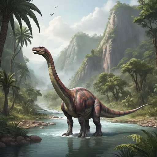 Prompt: Full body fantasy Illustration of a Brachiosaurus in a river and a djungle landscape, fantasy, detailed, 