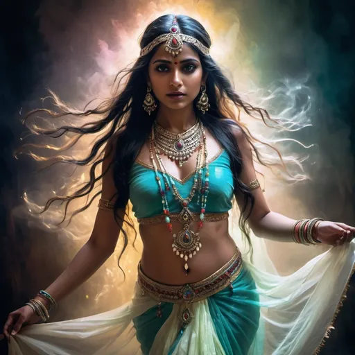 Prompt: Ghost of an Indian dancer in fantasy art style, ethereal and transparent figure, flowing traditional attire, intricate jewelry with glowing gemstones, haunting and mesmerizing gaze, supernatural aura, misty atmosphere, vibrant and rich color palette, glowing and ethereal lighting, high quality, fantasy art, Indian dancer, transparent figure, flowing attire, glowing jewelry, haunting gaze, supernatural, misty atmosphere, vibrant colors, ethereal lighting