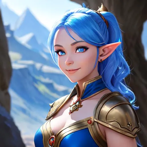 Prompt: oil painting, D&D fantasy, Blue-skinned-human girl, Blue-skinned-female, slender, elf ears, beautiful, short bright red hair, wavy hair, smiling, pointed ears, looking at the viewer, Ranger wearing intricate adventurer outfit, #3238, UHD, hd , 8k eyes, detailed face, big anime dreamy eyes, 8k eyes, intricate details, insanely detailed, masterpiece, cinematic lighting, 8k, complementary colors, golden ratio, octane render, volumetric lighting, unreal 5, artwork, concept art, cover, top model, light on hair colorful glamourous hyperdetailed medieval city background, intricate hyperdetailed breathtaking colorful glamorous scenic view landscape, ultra-fine details, hyper-focused, deep colors, dramatic lighting, ambient lighting god rays, flowers, garden | by sakimi chan, artgerm, wlop, pixiv, tumblr, instagram, deviantart