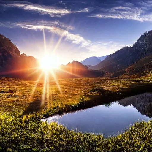 Prompt: ultra realistic, masterpiece, absurd resolution, ultra HD, 64k. HDR, UHD, highly detailed, professional photograph, hyper realistic, high resolution scan landscape, sun glaring through the mountains, reflecting on the water