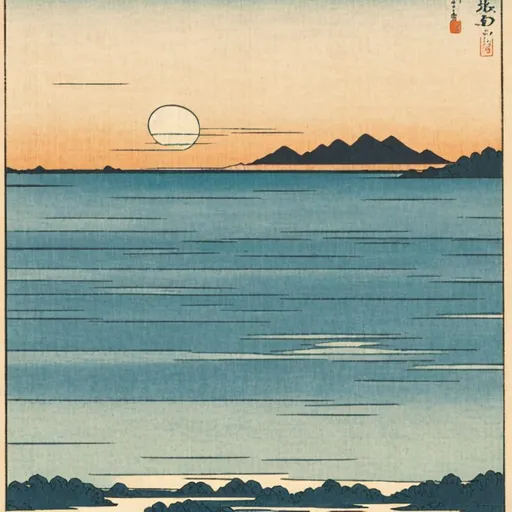 Prompt: Serene beach sunset scene in the style of Japanese ukiyo-e prints, soft pastel colors, delicate linework, tranquil atmosphere, traditional woodblock print, art by Katsushika Hokusai, Utagawa Hiroshige, and Tsukioka Yoshitoshi.