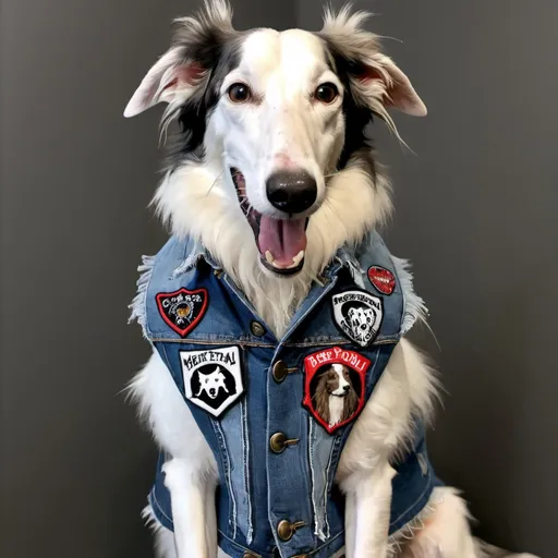 Prompt: borzoi wearing a heavy metal music denim vest with patches