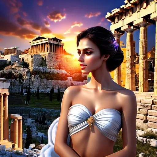 Prompt: HD 4k 3D 8k professional modeling photo hyper realistic beautiful woman ethereal greek goddess of simplicity
dark brown natural hair dark eyes gorgeous face black skin  shimmering simple dress full body surrounded by magical glowing light hd landscape background acropolis at athens with healing potions