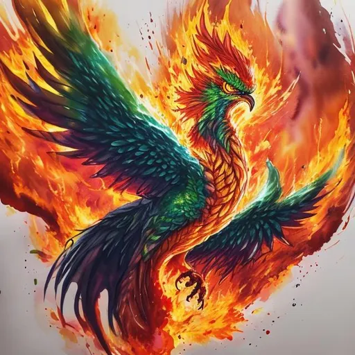 Prompt: Wet watercolor painting of epic Phoenix bursting out of flame