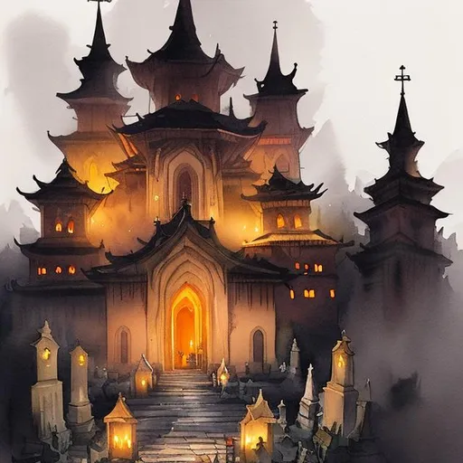 Prompt: An eerie monastery on top of a cemetery lighted by a possing procession in watercolor