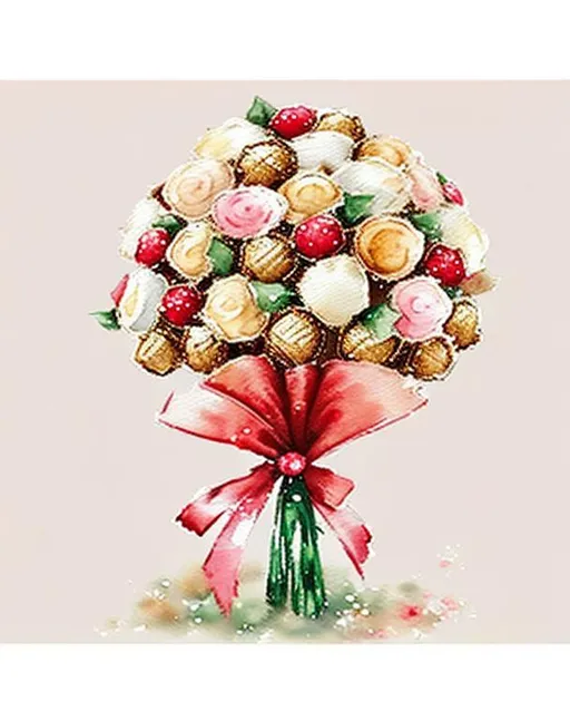 Prompt: cute, watercolour art style, impressionism art style,  romanticism art style, ferrero rocher bouquet, pink, red, gold colour, ribbon with bow around the bouquet, white backround, 