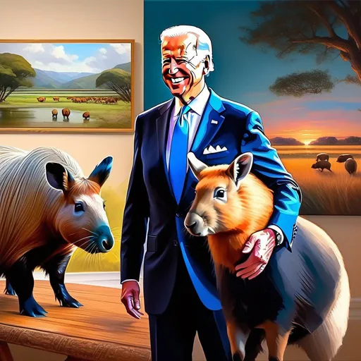 Prompt: Joe Biden meets capybaras, anime style, extremely detailed painting by Greg Rutkowski and by Henry Justice Ford and by Steve Henderson 